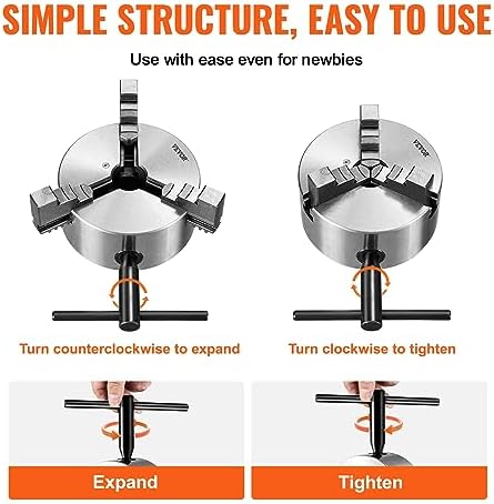 VEVOR 3-Jaw Lathe Chuck, 6'' Self-Centering Lathe Chuck, 0.14-6.3 in/3.5-160 mm Clamping Range with T-key Fixing Screws Reversible Jaws, for Lathe 3D Printer Machining Center Milling Drilling Machine