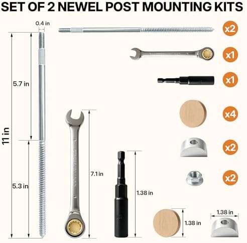 2PCS Newel Post Mounting Kit, Heavy Duty Hidden Newel Post Fastener with Rail Bolt Wrench, Installation Kit Staircase Newel Posts for Wooden Stair Railing, Deck Baluster