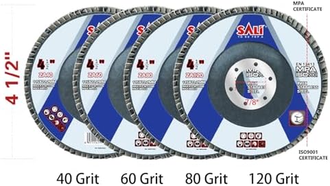 Sali 10 Pack Zirconia Flap Disc 40 Grit 4PCS/ 60 Grit 2PCS/ 80 Grit 2PCS/120 Grit 2PCS 4.5" x 7/8-Inch Sanding Disc Bevel Type #29 Premium and Industrial Grade High Performance Edge Grinding Wheel