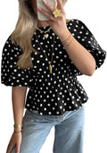 Cicy Bell Women Polka Dot Peplum Blouse Round Neck Puff Sleeve Summer Top