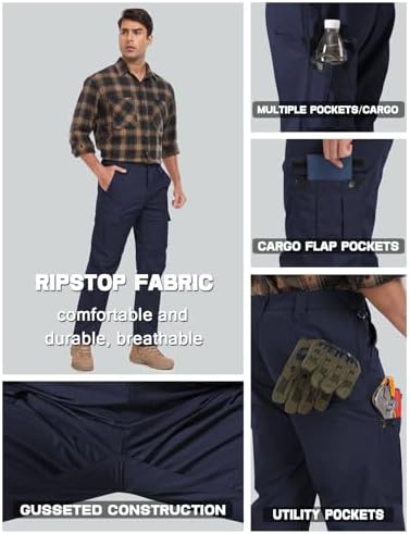 Mens Cargo Work Pants Durable Ripstop Tactical Pants with 7 Pockets Outdoor Water Resistant Hiking Woking Construction Pants