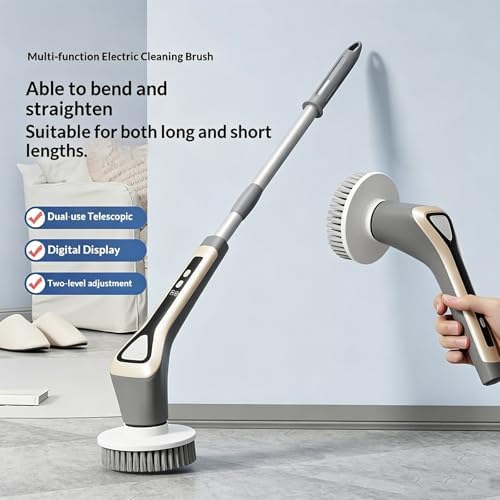 Electric Spin Scrubber, Full-Body Spray Cleaning Solution Waterproof Bathroom Electric Scrubber with LCD Display, Cordless Cleaning Brush Scrubber for Bathroom and Kitchen Cleaning