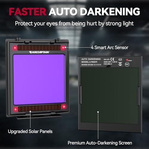 ARCCAPTAIN Auto Darkening Welding Helmet with Light, 3.94"X3.66" Large View