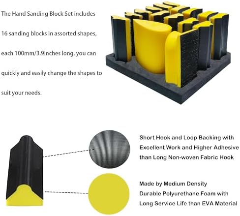 Hand Sanding Block Set of 16,Interchangeable Assorted Contoured Profile Sanding Pad Kit,Hook and Loop Abrasive Sanding Chassis for Sand Wood Furniture, Auto Paint and Crafts,Yellow