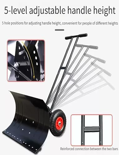 Snow Pusher with Wheels, Adjustable Handle-Angle Steel Blade for Driveway, Walkway, Patio Snow Removal - 5 Levels for Easy Clearing