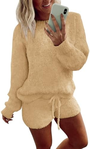 Ekouaer Fuzzy Fleece Pajamas 2 Piece Warm Soft Lounge Set Long Sleeve Sweater Top and Shorts Loungewear Outfits Sweatsuits