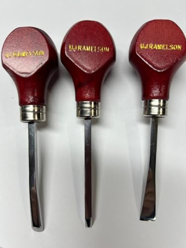 UJ Ramelson Gunsmith Student set. By Sonoran Desert Institute for students beginning in gunsmith course. Includes 5/16" bent #8, 5/32" Straight U & 3/8" Bent Chisel. 3 Pocket Denim Tool Roll. USA.