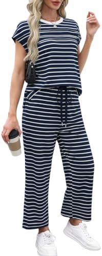 WIHOLL Two Piece Sets for Women Summer Spring Travel Vacation Outfits Cap Sleeve Lounge Matching Sets Wide Leg Pants S-3XL