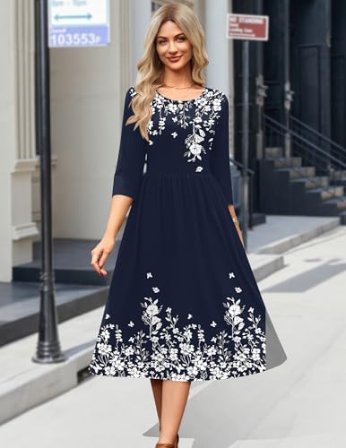 Zeagoo 3/4 Sleeve Women's Dress Casual Aline Summer Fall Midi Long Dresses