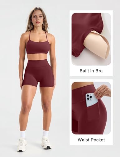 SUUKSESS Women 2 Piece Workout Sets Padded Halter Sports Bras High Waisted Biker Shorts with Pockets