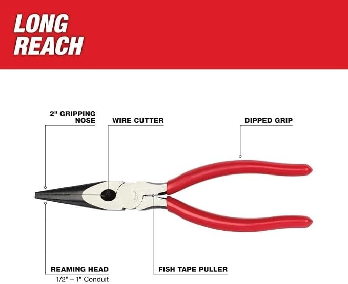 New 48-22-6501 for Milwaukee 8-in.Forged Long Needle Nose Pliers Red