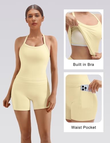 SUUKSESS Women 2 Piece Workout Sets High Waisted Biker Shorts with Pockets Built in bra Racerback Tank Tops