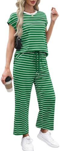 WIHOLL Two Piece Sets for Women Summer Spring Travel Vacation Outfits Cap Sleeve Lounge Matching Sets Wide Leg Pants S-3XL