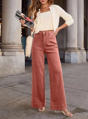 Dokotoo Women's Casual High Waisted Jeans Stretch Wide Leg Loose Denim Pant