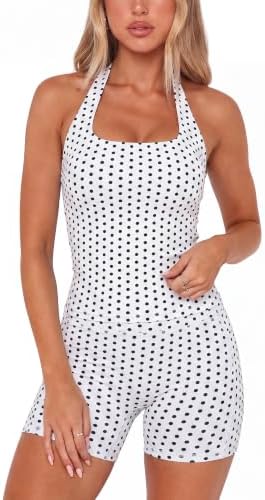 SUUKSESS Women 2 Piece Workout Sets Halter Neck Yoga Tops Gym Biker Shorts