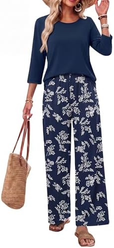 WIHOLL Two Piece Sets for Women Lounge 3/4 Length Sleeve Womens Tops Graphic Pants with Pockets Summer Outfits 2026