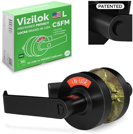 VIZILOK ADA Compliant, Single Egress Indicator Privacy Lock C5FM-L Durable ANSI Grade 2 Comp Commercial LeftHanded Non Reversible in-Use or Vacant Push Button Lever - Matte Black
