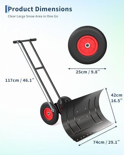 30" Heavy-Duty Steel Snow Pusher with Wheels, Adjustable Ergonomic Handle & 45° Angled Blade for Efficient Driveway & Sidewalk Clearing