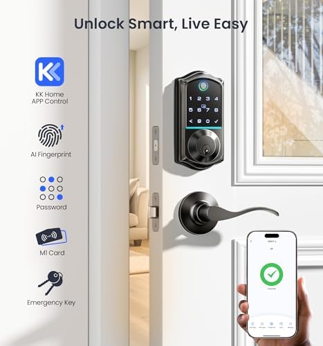 Veise VE017-L Fingerprint Smart Lock with 2 Lever Handle Set, Matte Black | App Control, Remote Access Sharing, Key Fob, Auto Lock, Backlit Touchscreen Keypad Deadbolt, IP55 Waterproof, for Front Door