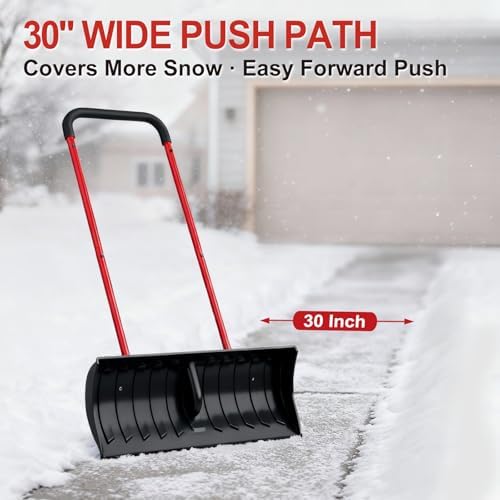 30 Inch Snow Shovel for Driveway, Heavy-Duty Snow Pusher & Snow Plow, Lightweight Wide Blade for Fast Snow Removal, Back Saver Winter Tool for Driveway, Sidewalk, Patio, Deck