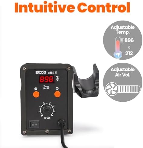 858D II Entry-Level Hot Air Rework Station Iron Kit with 3 Hot Air Nozzles (5/8/10mm), PID Temp Control, Adjustable Temp 212℉~896°F & Air Volume, °C/°F Conversion, Auto Stand-by Mode