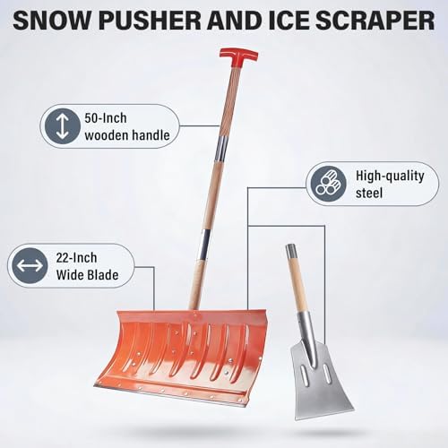 Snow Pusher and Ice Scraper, 22" Snow Shovel Plow 6" Flat Shovel with Adjustable Long Wooden Handle for Blacktop, Decks, Outdoor driveways