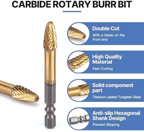 HUHAO Tungsten Carbide Rotary Burr Bit, Double Cut Carbide Burr 1/4" Shank Die Grinder Cutting Burrs Bit for Metal Working & Sturdy