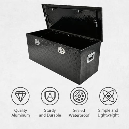 44 Inch Heavy Duty Aluminum Truck Tool Box Pick Up Truck Bed RV Trailer Toolbox Storage Organizer with Side Handle, Lock & Keys，Black,5 Bar Tread 44"(L) X18''(W) X18(H) Storage Box