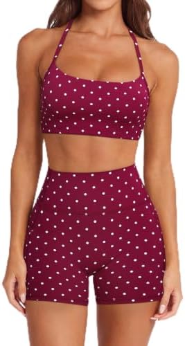 SUUKSESS Women 2 Piece Workout Sets Padded Halter Sports Bras High Waisted Biker Shorts with Pockets