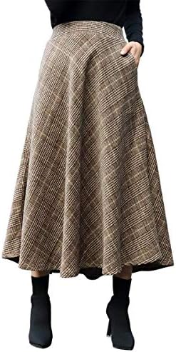 IDEALSANXUN Womens Plaid Wool Skirts Elastic Waist A-Line Pleated Tartan Long Skirts