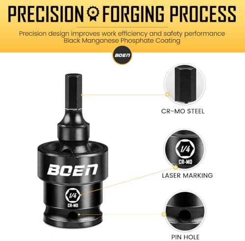 BOEN 8-Pieces Universal Hex Bit Driver Impact Socket, 1/2" Drive SAE Size (1/4", 5/16", 3/8", 7/16", 1/2", 9/16", 5/8" and 3/4") With Socket Rail, CR-MO Steel