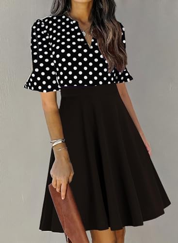 Mokayee Womens Summer V Neck Ruffle Short Sleeve Fit and Flare Knee Length Church Wedding Guest Dresses with Pockets