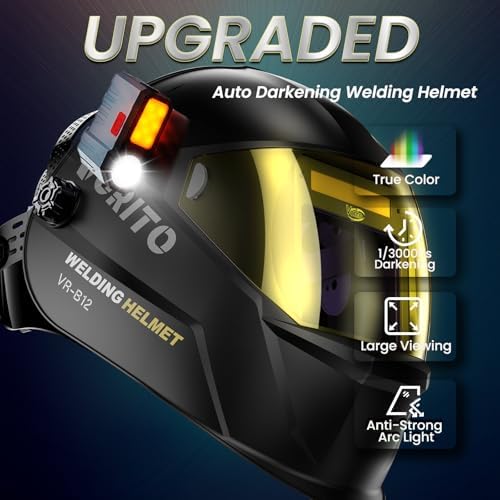 Large View True Color Auto Darkening Welding Helmet with LED Light - Solar Powered, 4 Arc Sensors, 1/1/1/1 Optical Clarity, Wide Shade 4/5-13 for TIG MIG ARC Grind