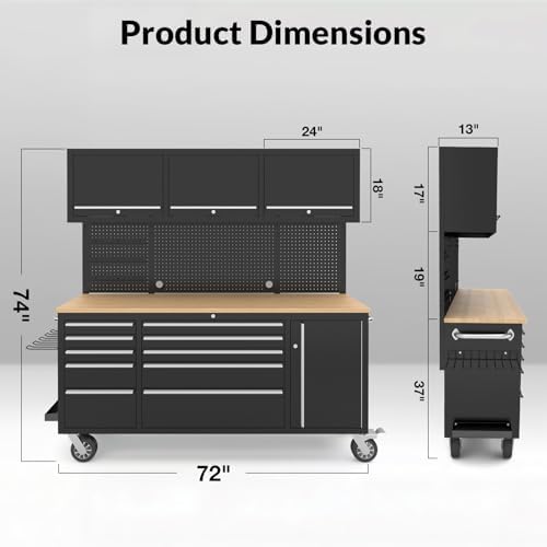 72” Rolling Tool Chest, Garage Cabinets Workbench with 10 Storage Drawers and Wheels, 3 Upper Cabinet, Pegboard, Light Strip, Steel Large Tool Box