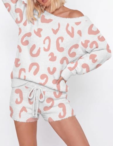 Ekouaer Fuzzy Fleece Pajamas 2 Piece Warm Soft Lounge Set Long Sleeve Sweater Top and Shorts Loungewear Outfits Sweatsuits