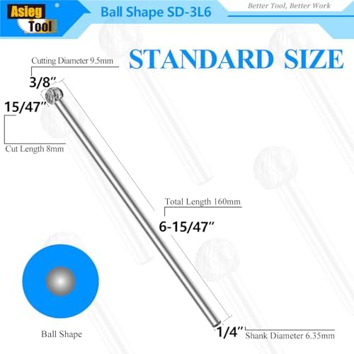 SD-3L6 Tungsten Carbide Burr Lengthened Rotary File Ball Shape Double Cut for Die Grinder Drill Bits 1/4'' Inch Diameter of Shank and 3/8'' Inch Diameter of Cutter 15/47'' Inch Cutter Length