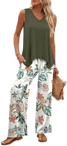 WIHOLL Two Piece Sets for Women Dressy Lounge Sets Summer Outfits Cruise Travel Beach Vacation Casual Wide Leg Pants Set