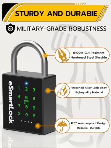 Pothunder Heavy Duty Smart Padlock, Gate Lock Padlock with Key Code and RFID, Outdoor Weatherproof Biometric Digital Lock for Gate, Sheds, Fence, Garage, Locker, Storage Unit