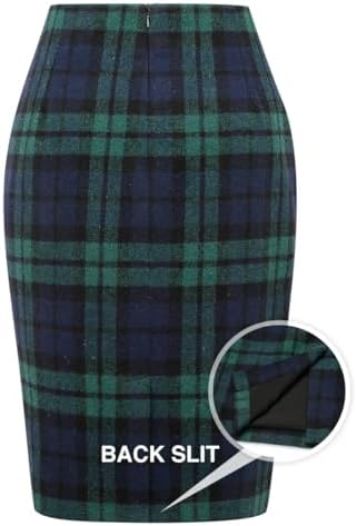 IDEALSANXUN Plaid Skirts for Women Fall Winter Knee Length Pencil Wool Skirt with Slit