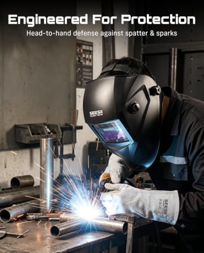 SEESII Auto Darkening Welding Helmet with Welding Gloves - 1/1/1/1 True Color Welding Hood, Blue Light Blocking, High-Impact Welder Mask, 13-Inch Heat Resistant Full Protection for TIG MIG ARC GRIND