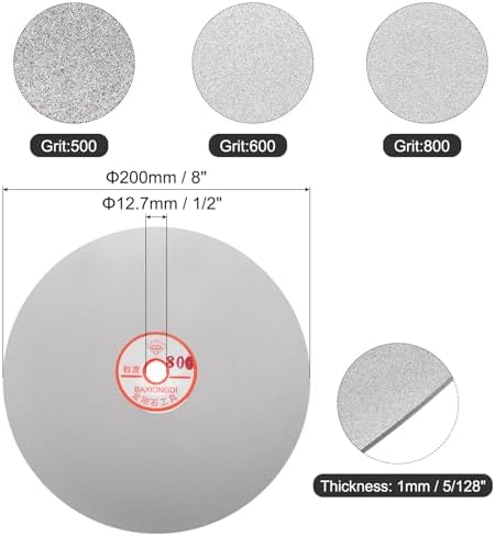 uxcell 3pcs Diamond Sanding Grinding Disc Set, 8-Inch (200mm) Grit 500/600/800 1/2" Arbor Hole, Flat Lap Wheel Polishing Discs for Gemstone Tile Glass Stone Metal