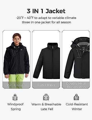 wantdo Boys' 3-in-1 Ski Jacket Fleece-Lined Winter Coat Hooded Raincoat