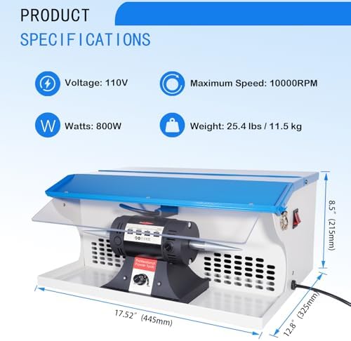 110V 800W Jewelry Polisher Machine, Jewelry Polisher Bench Buffer with Integrated Dust Collector, Exhaust Fan, Work Light and Motor Housing