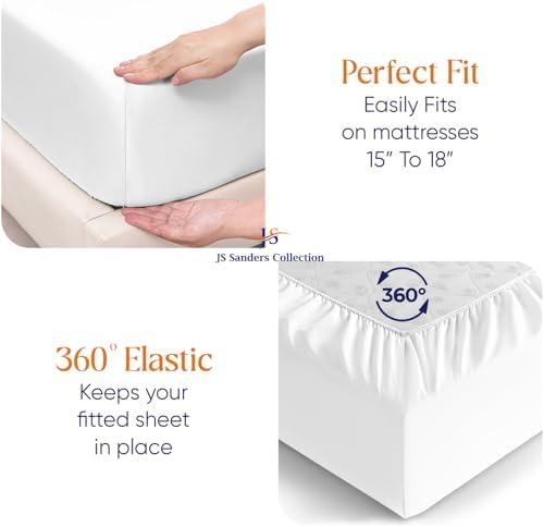 JS Sanders Collection 600TC Flex Top Queen Sheets for Sleep Number Bed - 100% Cotton 4 Pcs Top Split Queen Sheets for Adjustable Bed Queen 30 Inch Down White -18 Inch Deep