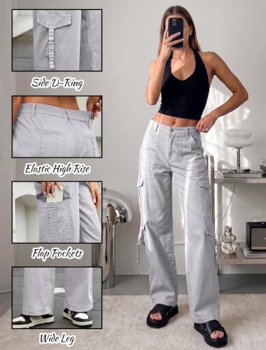 Eddoyee Cargo Pants for Women Elastic High Waisted Wide Leg Hiking Pants