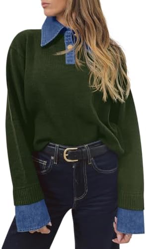 Saodimallsu Womens Denim Patchwork Sweaters V Neck Polo Pullover Tops