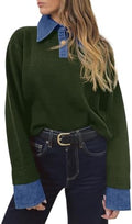 Saodimallsu Womens Denim Patchwork Sweaters V Neck Polo Pullover Tops