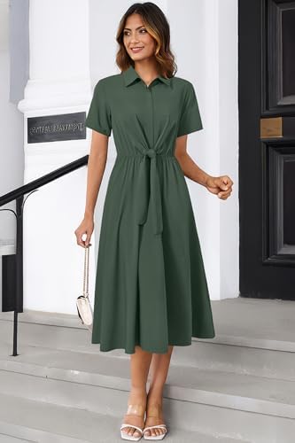 Newshows Women's Work Business Casual Outfits Tie Waist Midi Shirt Dress