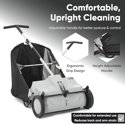 Dapper Supply 22-Inch Push Lawn Sweeper, Grass, Lawn and Leaf Cleanup Collector with Large 3.5 cu. ft. Hopper Bag, Durable Wheels, and Dual Spinning Brushes, Grey