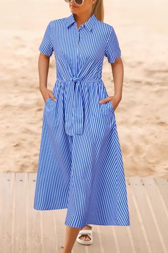 Newshows Women's Work Business Casual Outfits Tie Waist Midi Shirt Dress